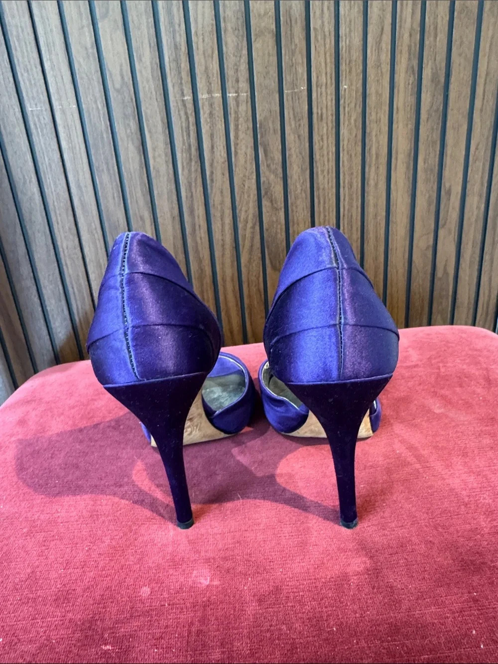 Purple Satin Peep Toe Jeweled High Heel Pumps